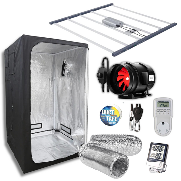 1.2x1.2x2m grow tent with Nanolux F630 LED light, extractor fan, ratchet sets, duct, tape, timer, and temperature/humidity meter for indoor cultivation.