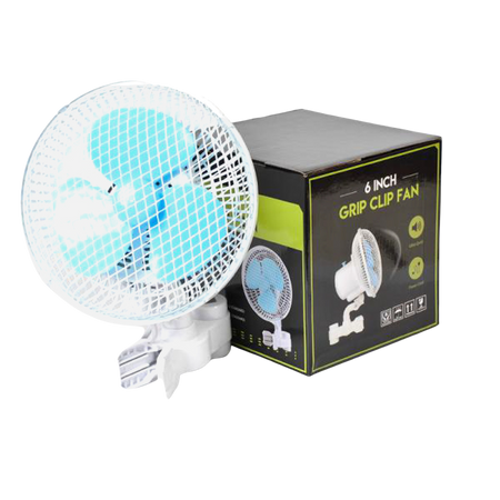 15cm fan with a grip clip attachment, ideal for precise airflow control in grow tents and small spaces, featuring adjustable speed settings and a sturdy, flexible clip for easy positioning.