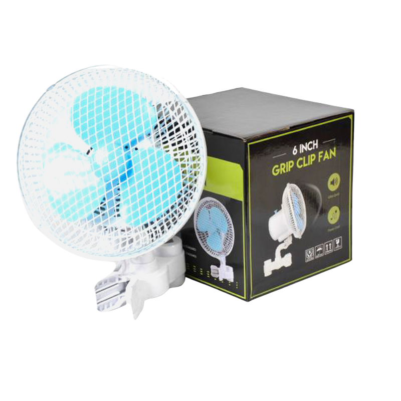 15cm fan with a grip clip attachment, ideal for precise airflow control in grow tents and small spaces, featuring adjustable speed settings and a sturdy, flexible clip for easy positioning.