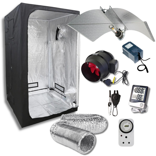 1x1x1.8m grow tent kit with 400w HPS light, magnetic ballast, fan, ducting, timer, and temp/humidity meter for indoor cannabis cultivation.