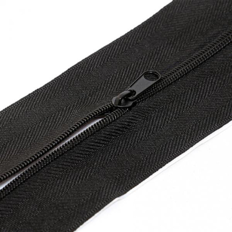 Image of a 2.1m self-adhesive zipper in black, designed for easy installation on grow tents or tarps. The zipper features a strong adhesive backing for secure attachment, allowing for convenient access and closure. Ideal for creating doorways or access points in various fabric materials.