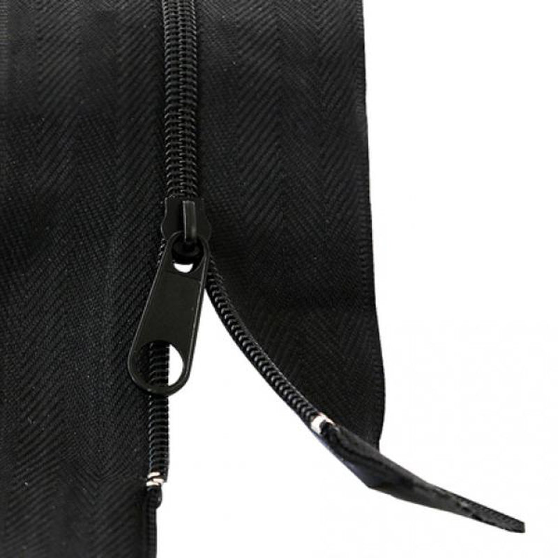 Image of a 2.1m self-adhesive zipper in black, designed for easy installation on grow tents or tarps. The zipper features a strong adhesive backing for secure attachment, allowing for convenient access and closure. Ideal for creating doorways or access points in various fabric materials.