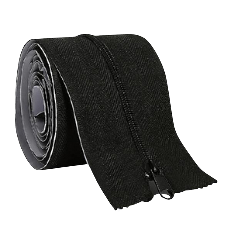 Image of a 2.1m self-adhesive zipper in black, designed for easy installation on grow tents or tarps. The zipper features a strong adhesive backing for secure attachment, allowing for convenient access and closure. Ideal for creating doorways or access points in various fabric materials.