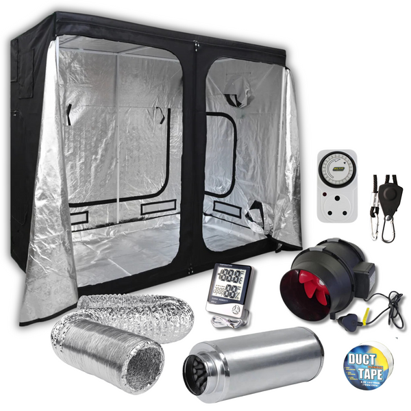 Complete grow tent combo with 2.4x1.2x2m tent, 2 fans, 3 ratchet sets, 10m duct, aluminum tape, silencer, 2 timers, and meter for optimal indoor cultivation.