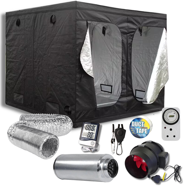 2.4x2.4x2m grow tent kit with 200mm extractor fans, ratchets, duct, silencer, timers, and temp/humidity meter for complete indoor growing setup.