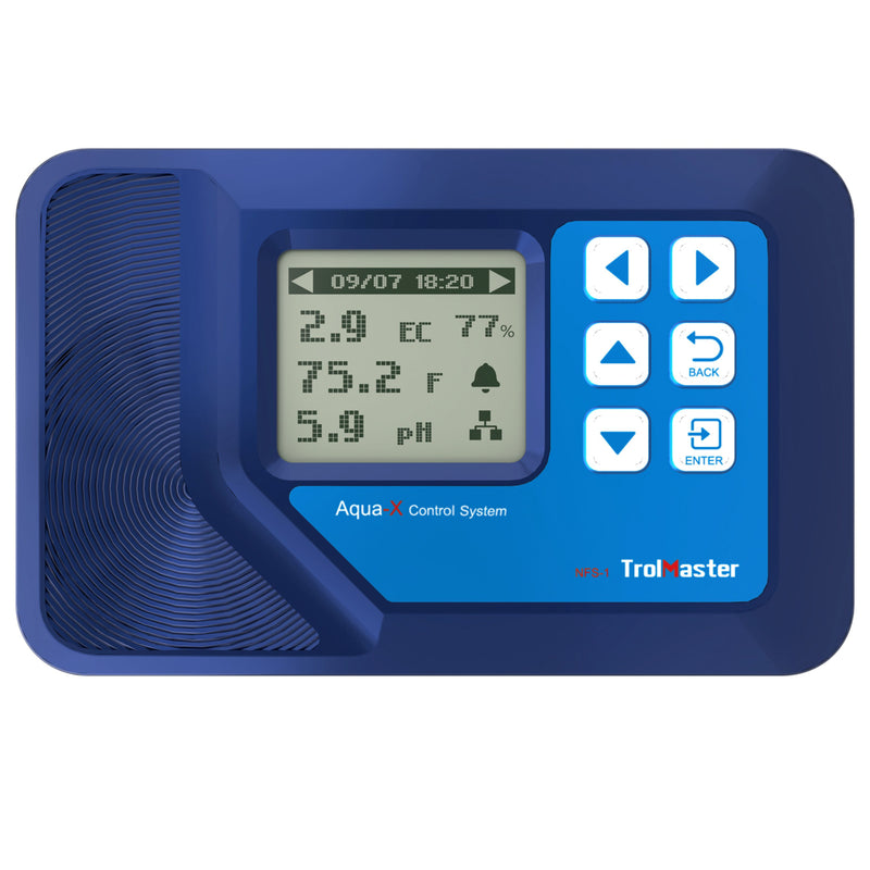 Front view of the NFS-1 Aqua-X Controller by TrolMaster, showing the digital display and control interface for precision irrigation control.

