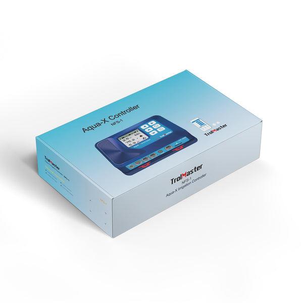 Retail packaging of the NFS-1 Aqua-X Controller, including device, cables, and instruction manual, ready for setup.

