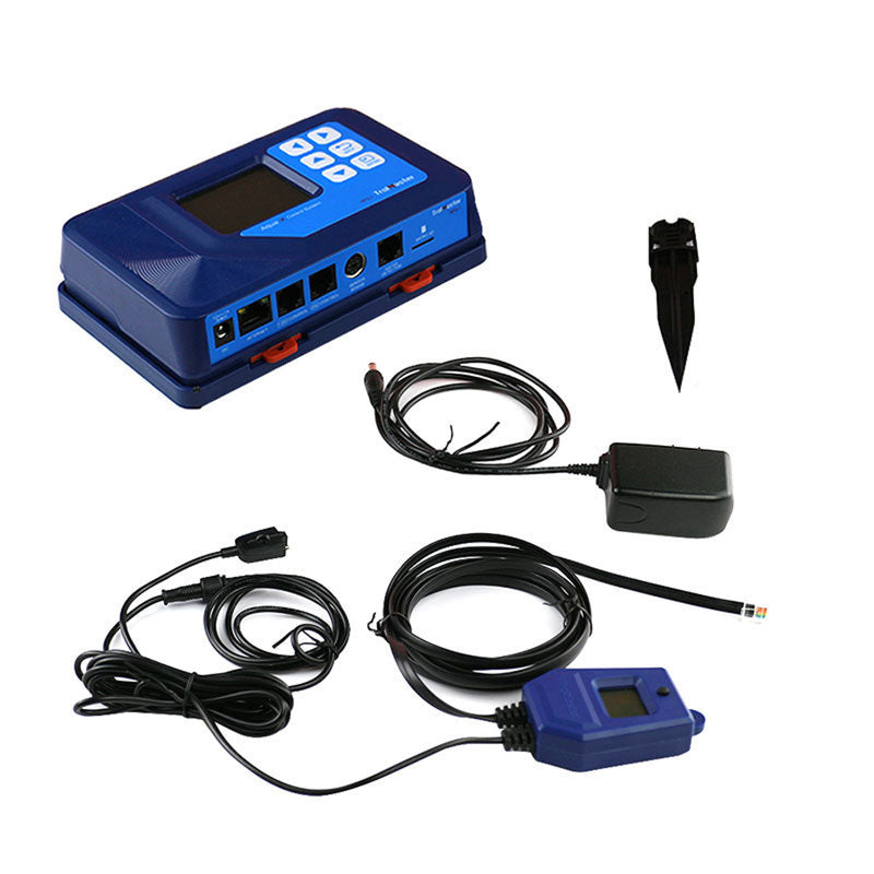  NFS-1 Aqua-X Controller shown with attached sensor cables and connectors, ideal for automating hydroponic and irrigation systems.

