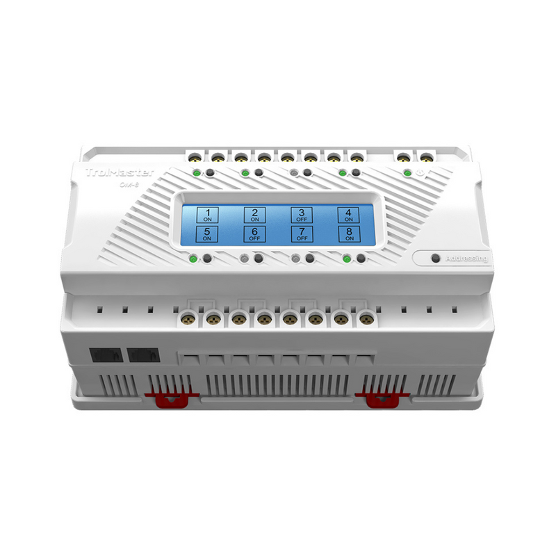  Close-up of OM-8 board terminal blocks and wiring ports for relay-controlled equipment.
