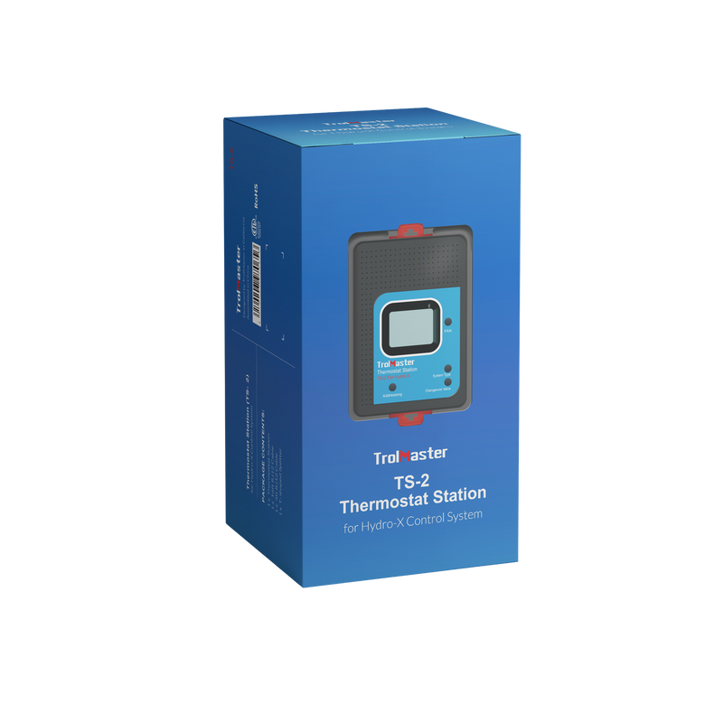 TS-2 Thermostat placed beside its branded packaging box, showing full kit contents.
