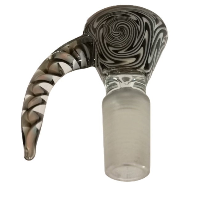 Curved Horned Bowl - 18mm Male, heat-resistant glass with unique curved horn design, enhances airflow and fits standard 18mm female joints.