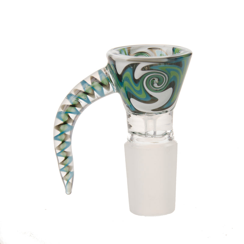 Curved Horned Bowl - 18mm Male, heat-resistant glass with unique curved horn design, enhances airflow and fits standard 18mm female joints.