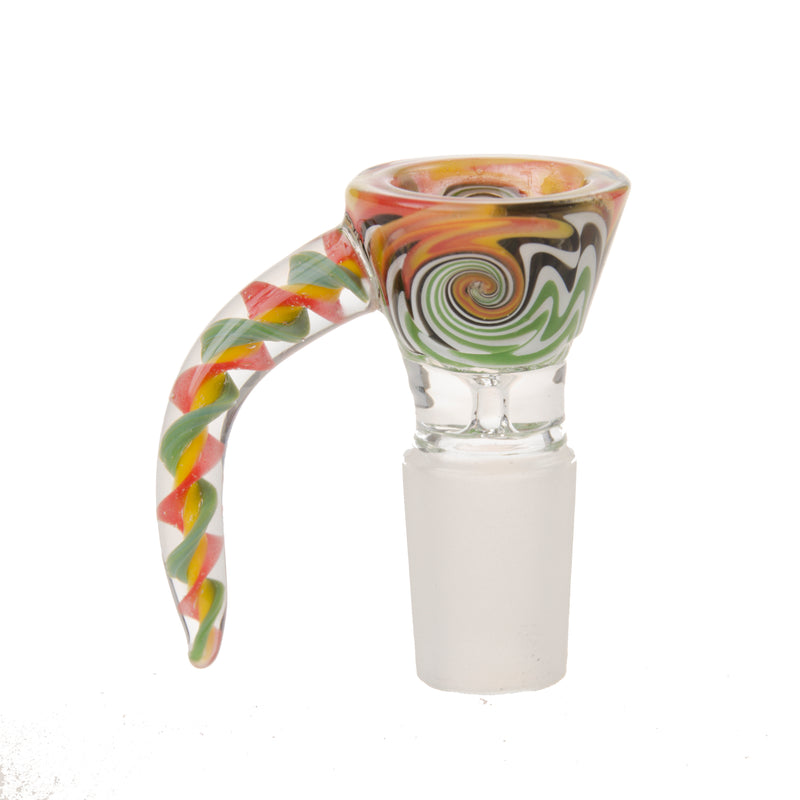 Curved Horned Bowl - 18mm Male, heat-resistant glass with unique curved horn design, enhances airflow and fits standard 18mm female joints.