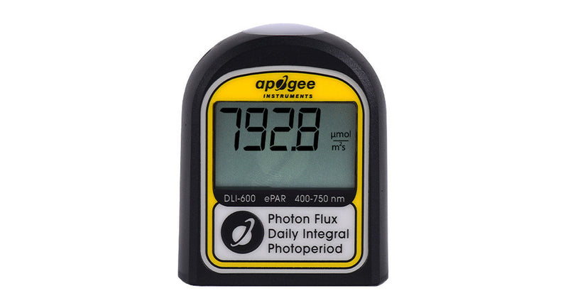 Close-up of DLI-600 ePAR Meter, a digital device for measuring photosynthetically active radiation (PAR) in grow environments.