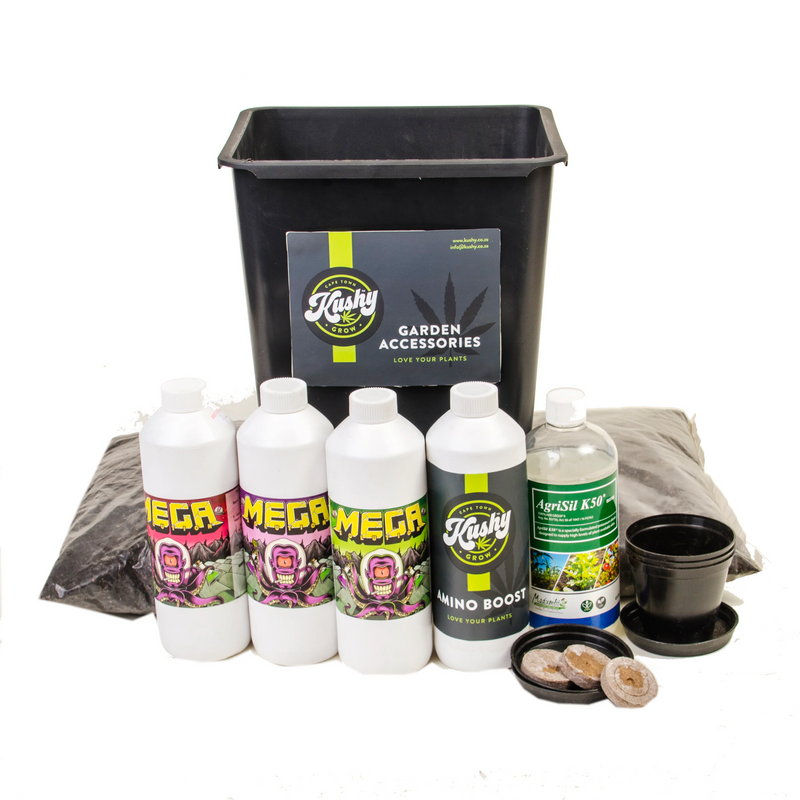 Complete grow kit with jiffy pellets, pots, nutrients, and growth boosters for cannabis cultivation.