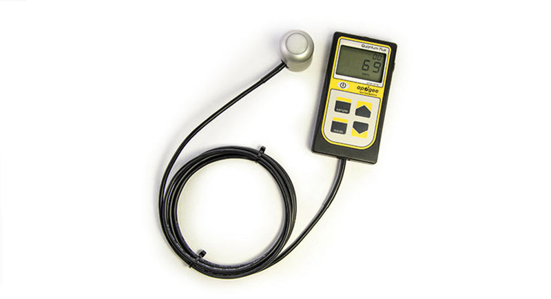 MQ-610 ePAR meter measuring PPFD and ePAR in a cannabis grow room under LED lighting.