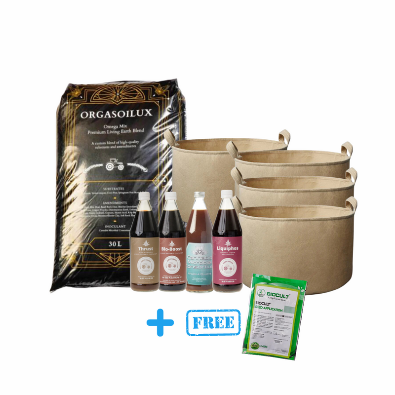 Complete organic grow kit with Orgasoilux soil, Pro tan fabric pots, Thrust nutrition, Bio boost, Liqui-Phos, Cannabis microbial consortium, and free mycorrhizae sachet.