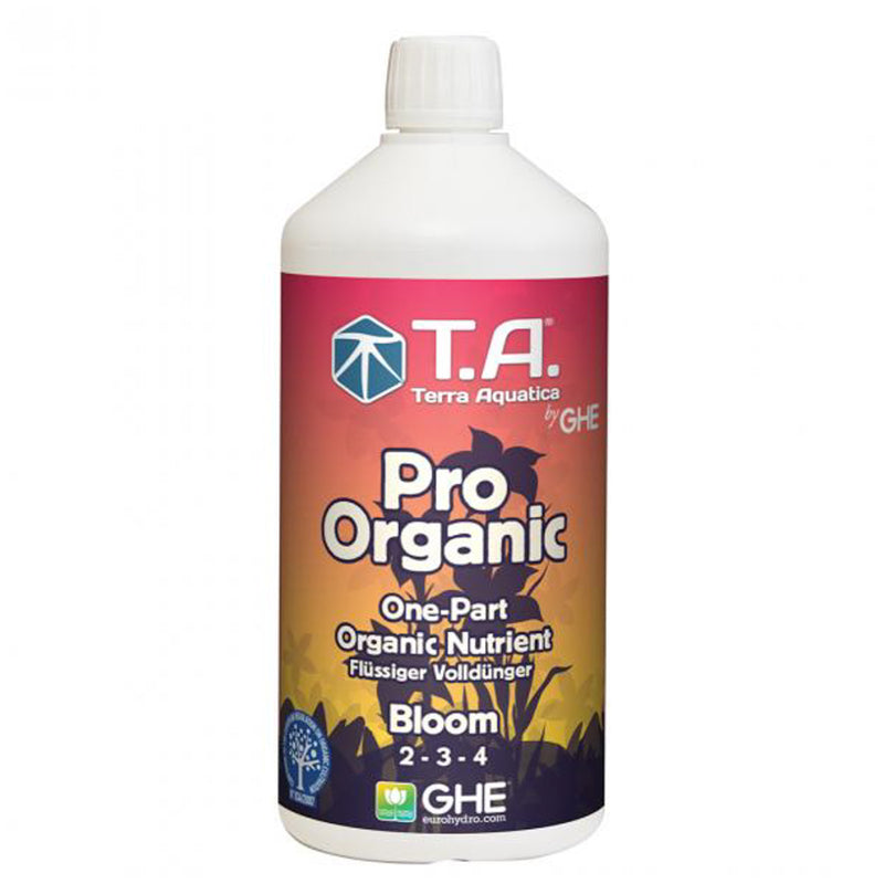Pro Organic Bloom 1L bottle – certified organic flowering nutrient by Terra Aquatica for cannabis, soil, coco, and hydro systems.

