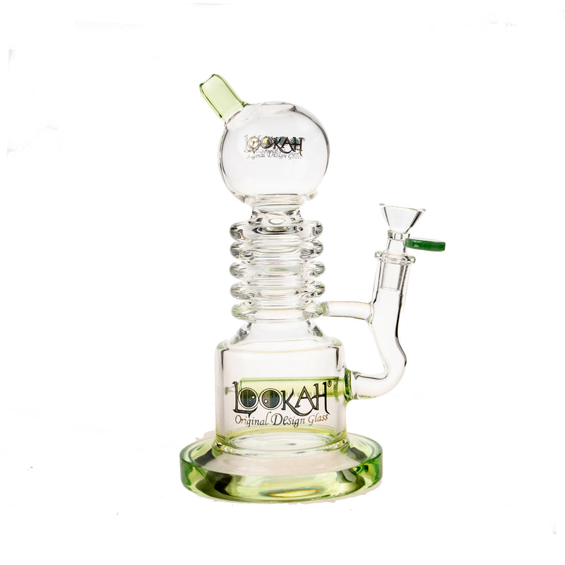 Lookah Bong under 25cm with ribbed design, borosilicate glass, percolator, and unique decorative style.