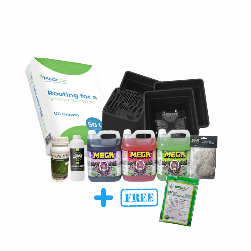 Complete grow kit with 10L pots, Medicoir substrate, Mega nutrients, Agrisil silica, Amino boost, trellis net, and mycorrhizae sachet.